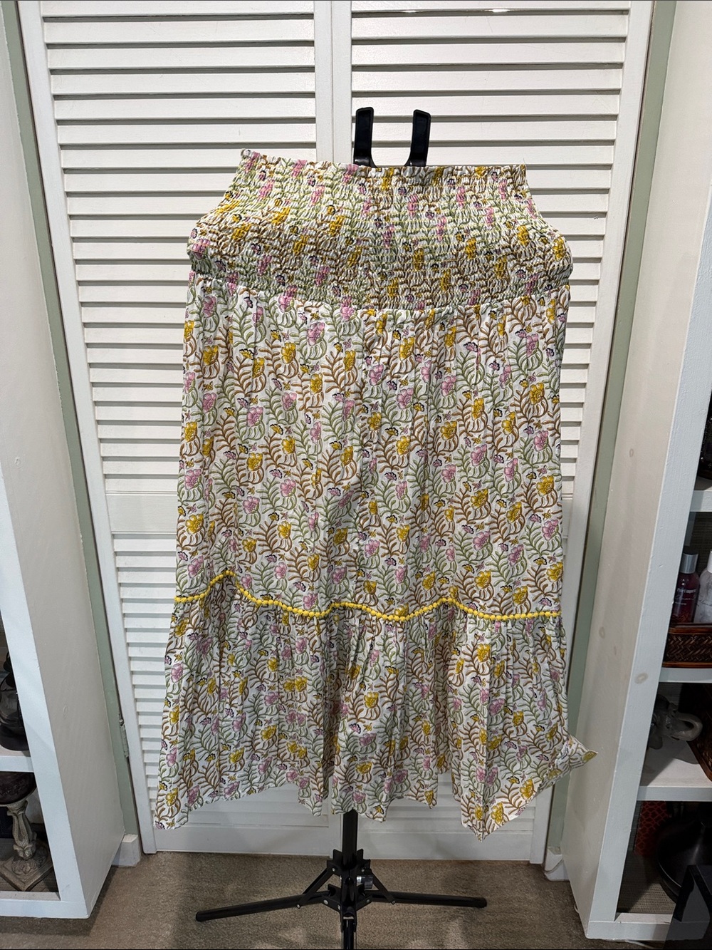 Smocked Waist Floral Midi Skirt in Cream, Yellow & Pink/ or Strapless Dress